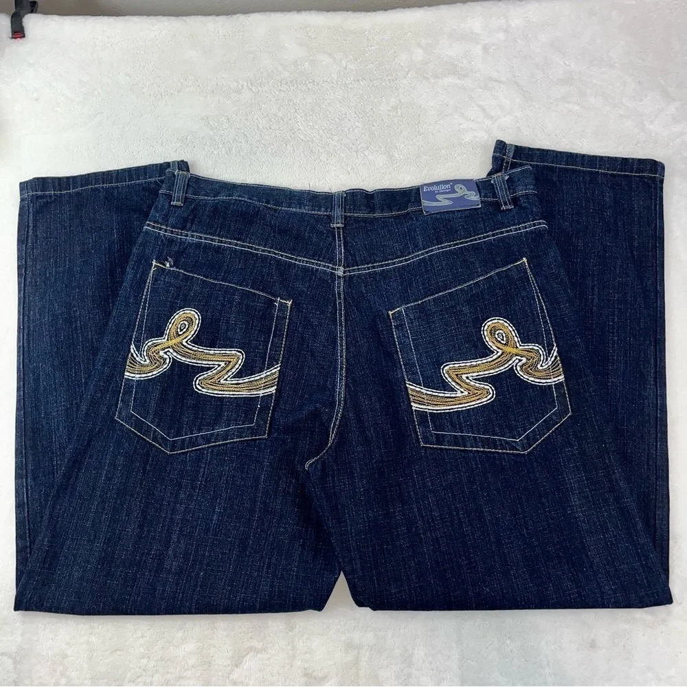VTG EVOLUTION in Design Jeans Men 40X33 Blue Gold Pocket Embroidery Wide Leg Y2K